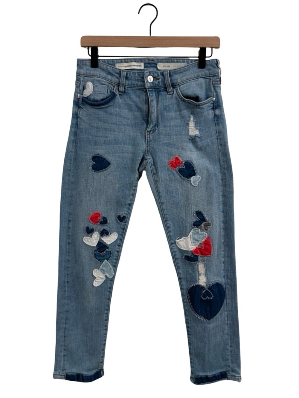 Pilcro Light Blue Straight Leg Jeans with Multicolor Heart Patches
